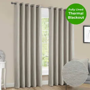 Home Curtains Canterbury Chenille Lined Blackout 45w x 54d" (114x137cm) Natural Eyelet Curtains (PAIR)