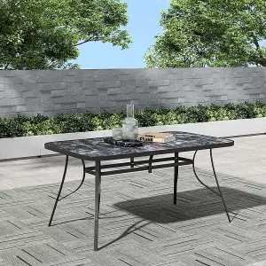 150 x 90cm Outdoor Garden Marble Texture Coffee Table with Tempered Glass Top and Parasol Hole, Black