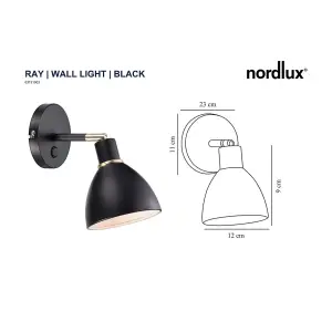 Nordlux Ray Indoor Living Bedroom Office Metal Wall Light in Black (Diam) 23cm