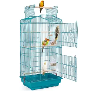 Yaheetech Teal Blue Open Top Metal Birdcage Parrot Cage with Slide-out Tray and Four Feeders