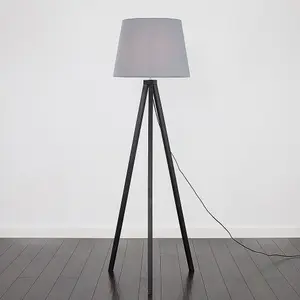 ValueLights Barbro Modern Black Wood Tripod Design Floor Lamp with Grey Tapered Shade - Includes 6w LED GLS Bulb 3000K Warm White