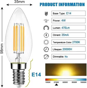 EXTRASTAR E14 LED Filament Candle Bulbs 4W warm white,2700K (pack of 10)