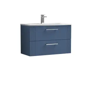 Retro 2 Drawer Wall Hung Vanity Unit with Curved 1 Tap Hole Ceramic Basin - 800mm - Satin Blue - Balterley