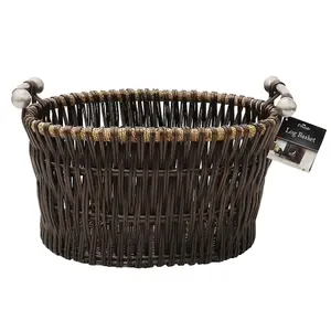 JVL Vertical Weave Oval Log Basket with Metal Handles, Brown, Medium