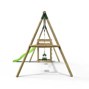 Rebo Wooden Swing Set plus Deck & Slide - Comet Green