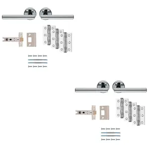 2 PACK - Premium Door Handle & Latch Pack Set- Polished Chrome Straight Bar Lever Round Rose