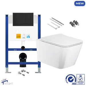 Bubly Bathrooms™ Square Rimless 2.0 Wall Hung Toilet & 0.74m Low Height Concealed Cistern Frame - Matt Black Plate