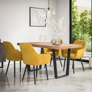 Aria Dining Table And Chairs -  Oak Effect Table Top w Black Legs + Anika Velvet Dining Chair Set Of 4 (Mustard)