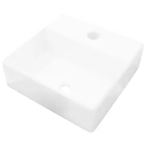 Ceramic Bathroom Sink Basin with Faucet Hole White Square