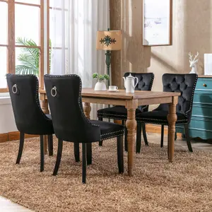 Set of 6 Lux Velvet Kitchen Dining Chairs with Pull Knocker Ring Back Black Home Office Bedroom Chairs