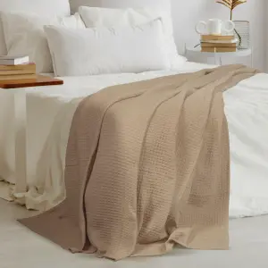 EHC Chunky & Soft Extra Large Cotton Waffle Throw, King Size, 225 x 250 cm - Beige