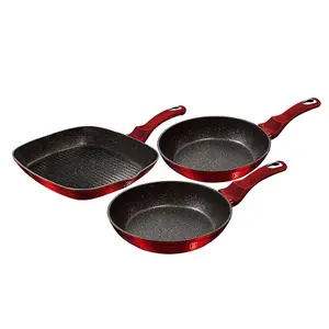 BERLINGER HAUS Burgundy 3pcs Frying Grill Pan Aluminium Non Stick Marble Coating Metallic