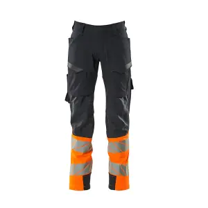 Mascot Accelerate Safe Ultimate Stretch Trousers with Thigh Pockets - Dark Navy/Hi-Vis Orange   (35.5) (Leg Length - Short)