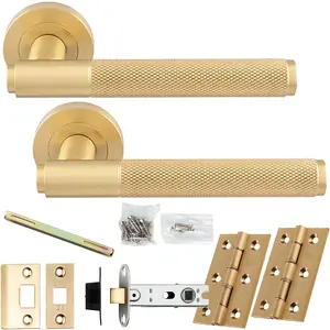 Door Handle & Latch Pack - Satin Brass - Knurled Straight Bar Lever On Round Rose