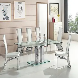 Furniture in Fashion Jet Large Glass Dining Table In Clear And 6 Chicago White Chairs