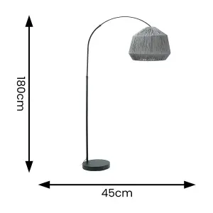 ValueLights Louis Black Arched Curved Floor Lamp with Grey Rope Dome Lamp Shade and LED Bulb