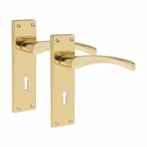 Victorian Scroll Astrid Handle Gold Polished Brass Lever Lock Door Handles with 64mm 3 Lever Lock Set 150mm x 40mm Backplate