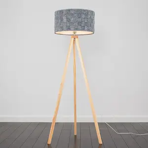 ValueLights Light Wood Tripod Design Floor Lamp With Grey Felt Weave Design Cylinder Light Shade