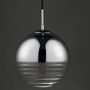 Hanging Ceiling Pendant Light CHROME & RIBBED GLASS Sphere Ball Lamp Bulb Holder