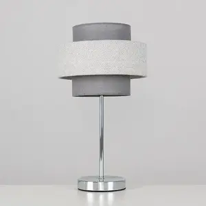 ValueLights Weaver Chrome Touch Bedside Table Lamp with Dark Grey & Light Grey Herringbone Shade - with 5w LED Bulb In Warm White