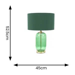 ValueLights Leigh Forest Green Glass and Gold Detail Table Lamp with Drum Shade