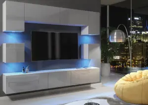 Panorama Wall TV Unit White & Grey with High Gloss Doors and LED Lighting - Creative Furniture