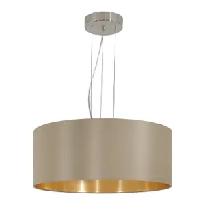 Pendant Ceiling Light Colour Satin Nickel Steel Shade Taupe Gold Fabric Bulb E27 3x60W