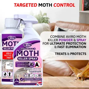 Aviro Moth Killer Pack - Fast Acting Moth Repellent Spray & Powder for Carpets, Clothes, & Wardrobes. 1 Litre Spray & 300g Powder