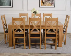 Dakota 182 x 92 cm Chunky Oak Large Dining Table and 8 Chairs Dining Set with Berkeley Brown Leather Chairs