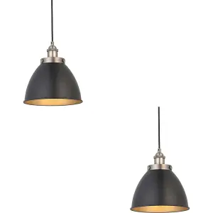 2 PACK Hanging Ceiling Pendant Light - Small - Aged Pewter Plate & Matt Black Paint - 10W LED E27