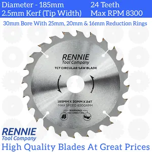 185mm x 24T TCT Circular Wood Saw Blade. Fits Evolution Bosch Makita Ryobi Dewalt Circular Saws Etc