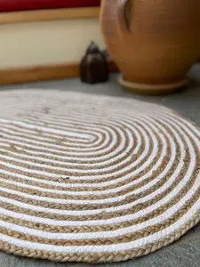 CHAKKAR PALE Stripe Oval Jute Beige Hall Rug / 75 cm x 120 cm