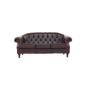 Chesterfield 3 Seater Sofa Settee Antique Oxblood Red Real Leather In Victoria Style