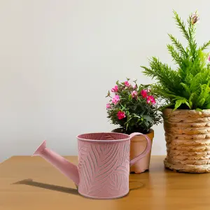 Watering Can Metal 1.1L Pastel Pink Planter 11cm Long Spout Emboss Leaf Garden