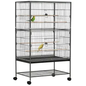 PawHut Large Bird Cage Budgie Cage for Finch Canaries Parakeet with Rolling Stand, Slide-out Tray, Storage Shelf, Dark Grey