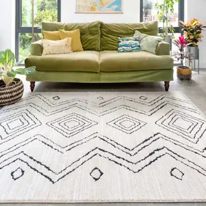 Cream Black Moroccan Berber Diamond Geometric Living Area Rug 200x290cm