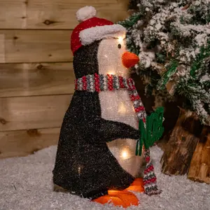 55cm Battery Operated Light up Christmas Penguin with Red Hat and Warm White LEDs