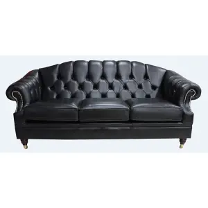 Chesterfield 3 Seater Old English Black Leather Sofa Settee Bespoke In Victoria Style