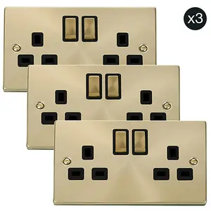 3 PACK - Satin / Brushed Brass 2 Gang 13A DP Ingot Twin Double Switched Plug Socket - Black Trim - SE Home