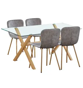 Hallowood Furniture Dining Table Set, Glass Top Table and 4 Grey Faux Leather Chairs with Metal Legs