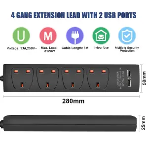 Extrastar 4 Gang built-in USB Extension Lead 3M Black, 13A