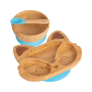 Tiny Dining - Children's Bamboo Suction Fox Dinner Set - Blue