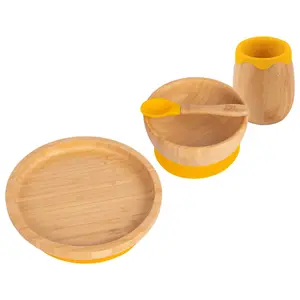 Tiny Dining - Round Bamboo Suction Baby Feeding Set - Yellow - 4pc