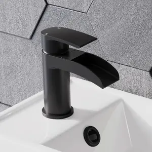 BATHWEST Matte Black Basin Mixer Taps with Pop Up Waste Waterfall Basin Taps with Drain Monobloc Black Faucet