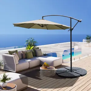 3M Large Rotatable Garden Sun Shade Cantilever Parasol Patio Hanging Banana Umbrella Crank Tilt with Fillable Base, Khaki