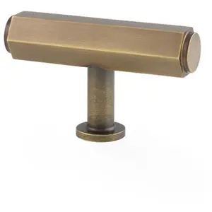 Industrial Hex T Bar Cabinet Door Knob - 55mm x 38mm - Antique Brass Pull Handle