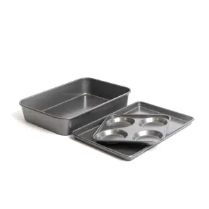 3pc Non-Stick Oven Tray Set with Large Roasting Pan, Baking Tray and Yorkshire Pudding Pan