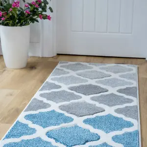 Navy Blue Grey Modern Trellis Living Area Runner Rug 60x240cm