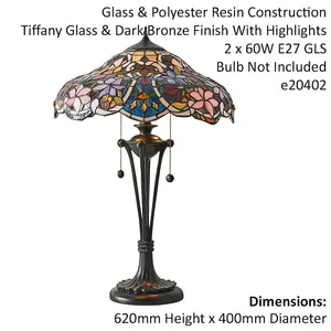 Floral Tiffany Glass Design Table Lamp Light - Dark Bronze Effect Lampholder