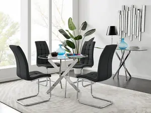 Furniturebox UK Novara Chrome Metal Round Glass Dining Table And 4 Black Murano Dining Chairs